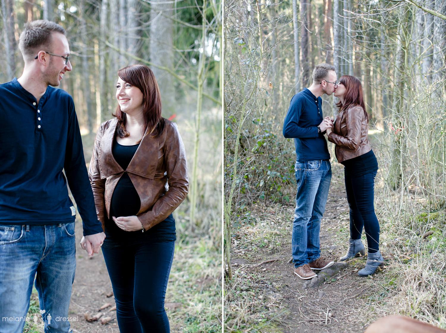 Paar bei Spaziergang durch den Wald. Schwangerschaftsfotografie in Gera